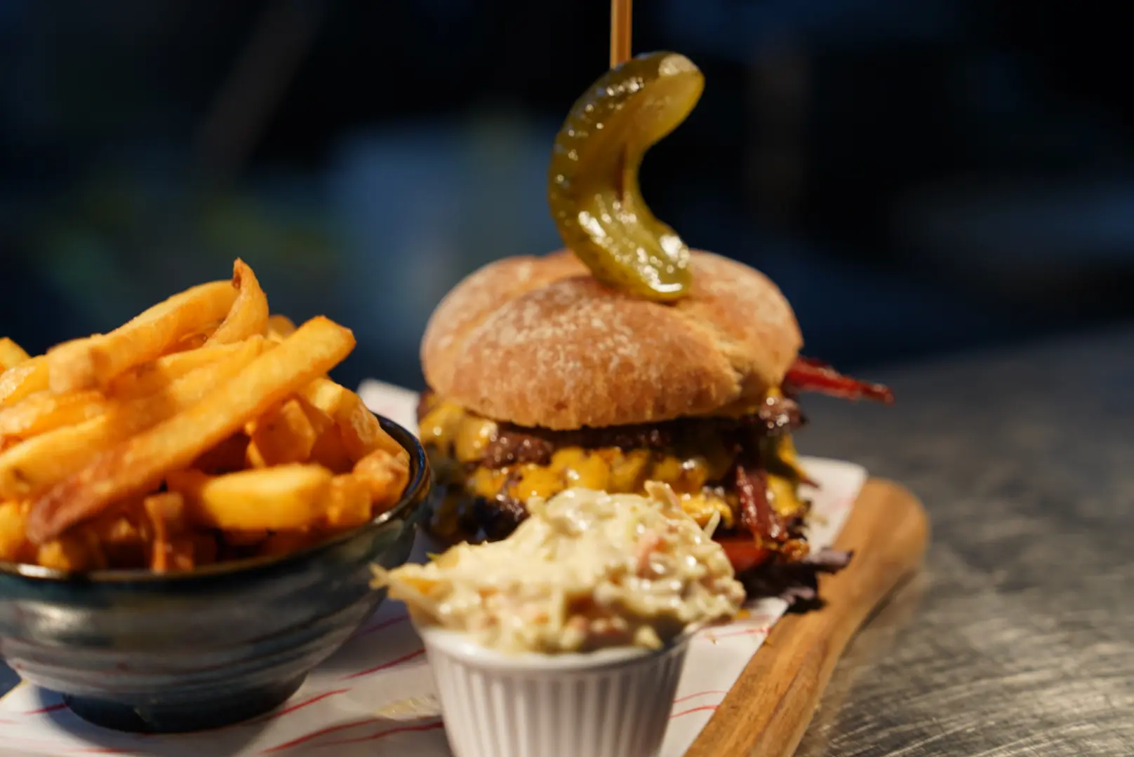 Burger and chips at H@ME & EAT